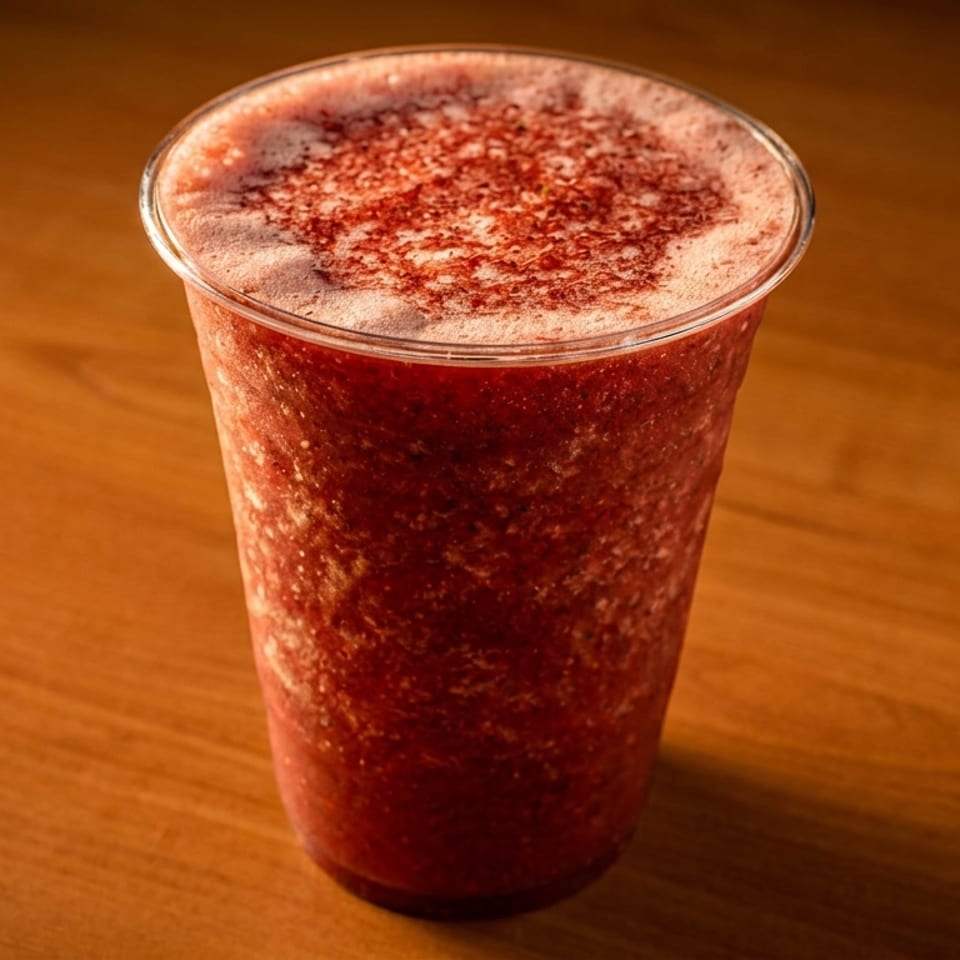 Frosted red beverage topped with pink foam and cocoa powder in a clear cup on a wooden table.