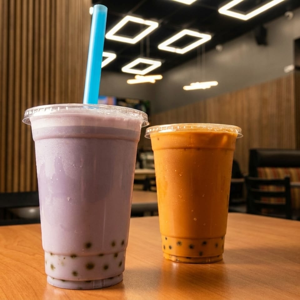 Two colorful bubble tea drinks sit on a wooden table in a modern restaurant with geometric ceiling lights.
