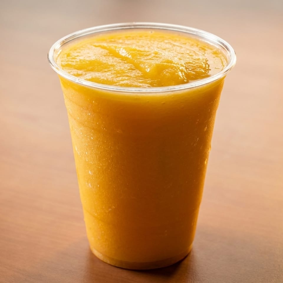 A clear plastic cup filled with a thick golden-orange smoothie sits on a warmly lit wooden table.